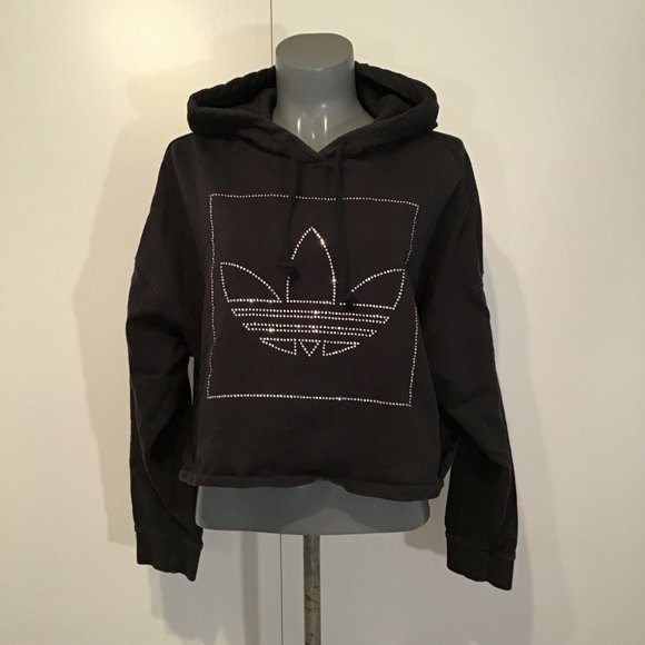 Adidas Cropped Hooded Sweatshirt with Bedazzled Logo Size L - Picture 1 of 11